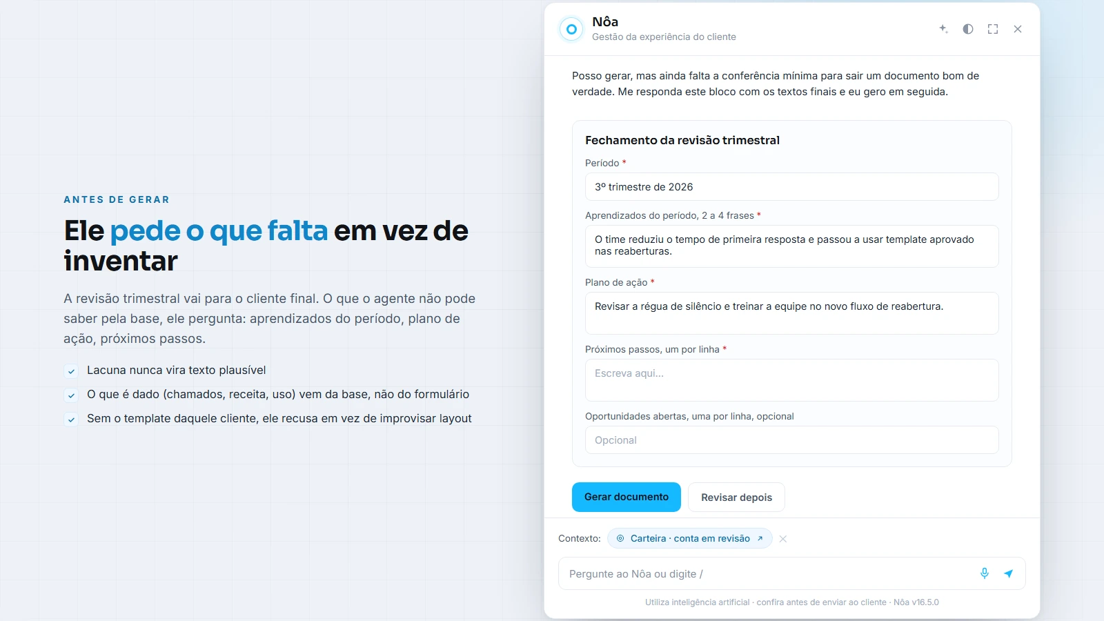 O agente pede por formulário os textos que faltam antes de gerar o documento