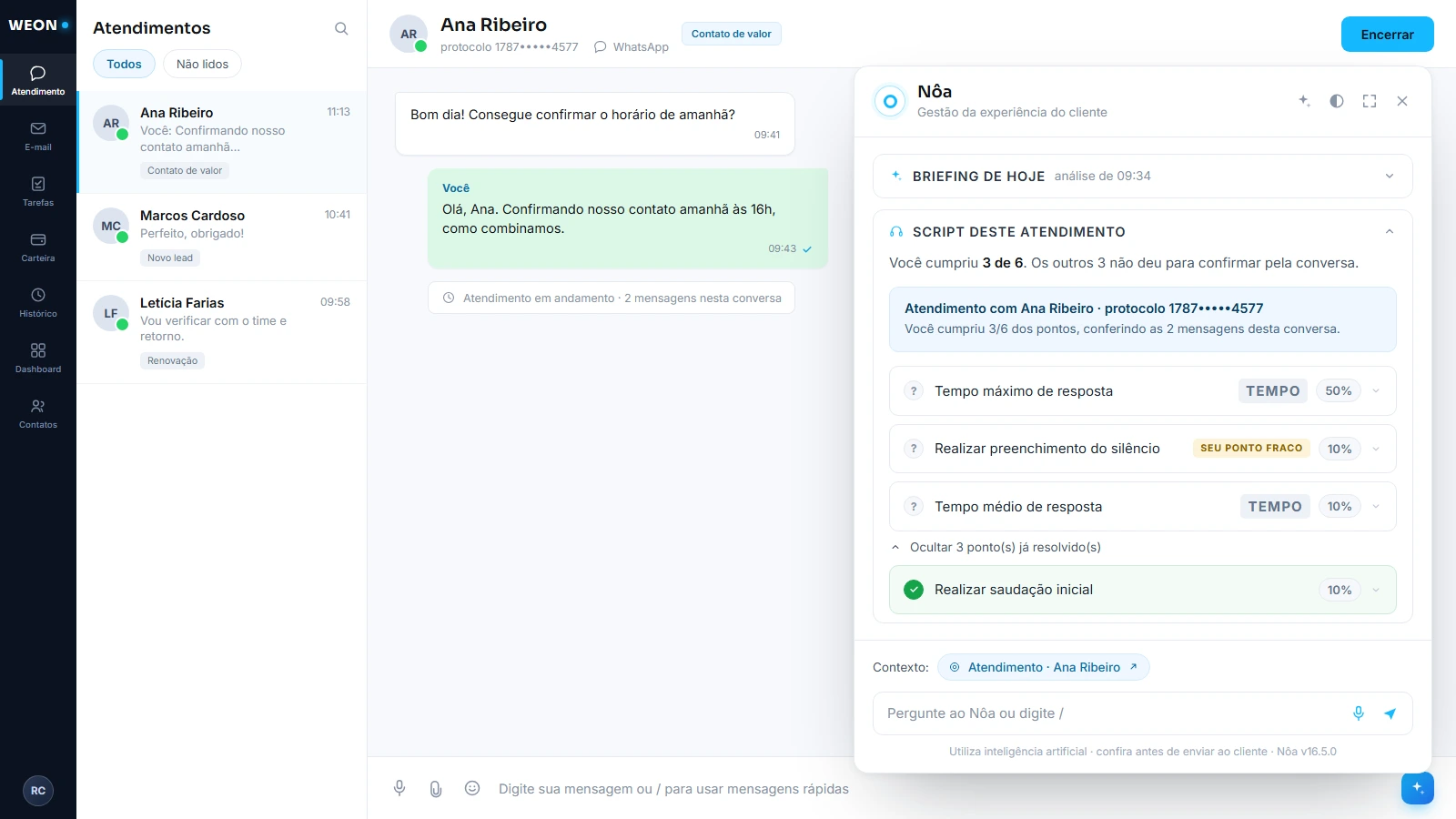 Tela de atendimento com o painel do Nôa aberto, mostrando o script da conversa ponto a ponto